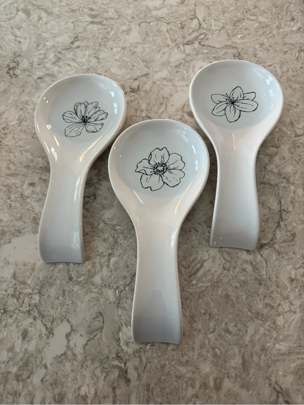White Ceramic Spoon Rests with Black Floral Accents - Set of 3